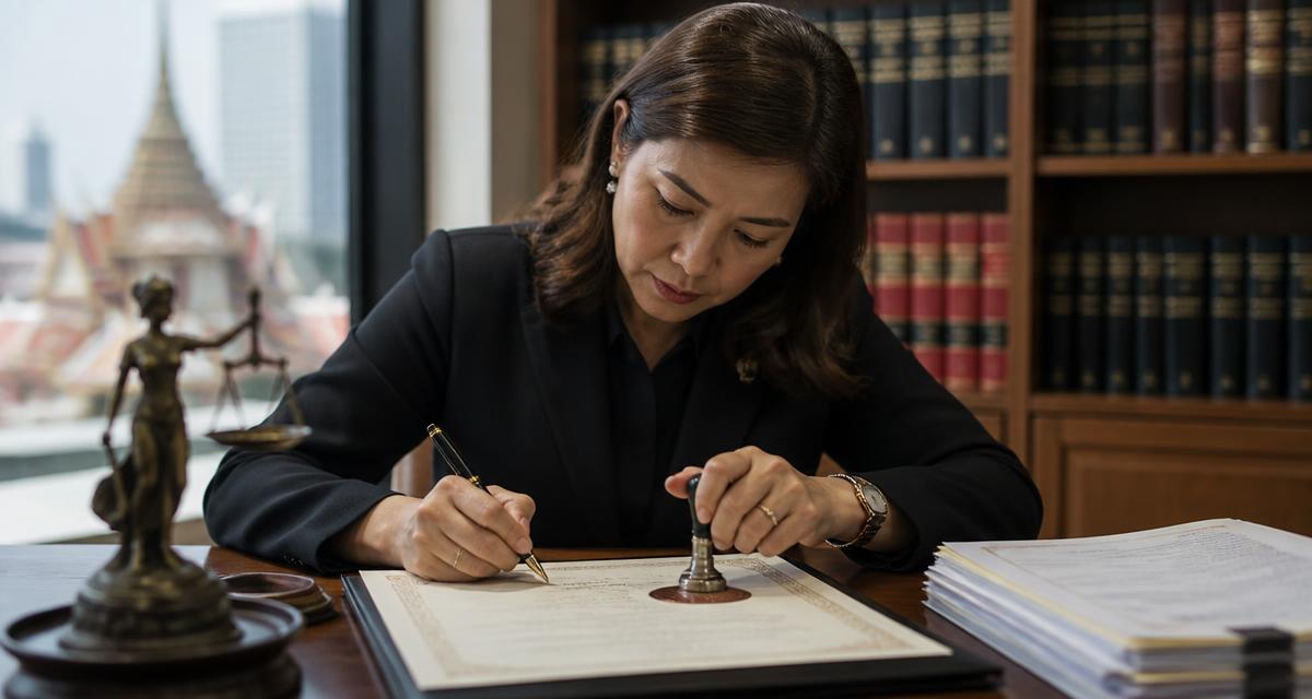 ทนายความผู้ทำคำรับรองลายมือชื่อและเอกสาร (Notarial Services Attorney) กำลังลงตราประทับ